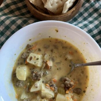 White bowl of cheeseburger soup