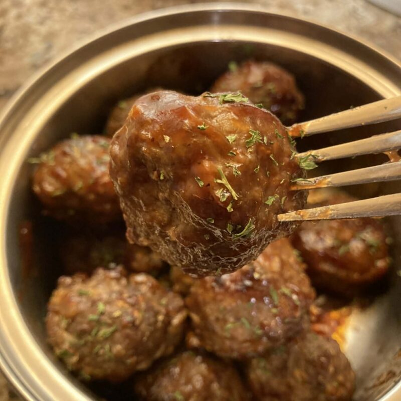 Barbeque meatball on a fork